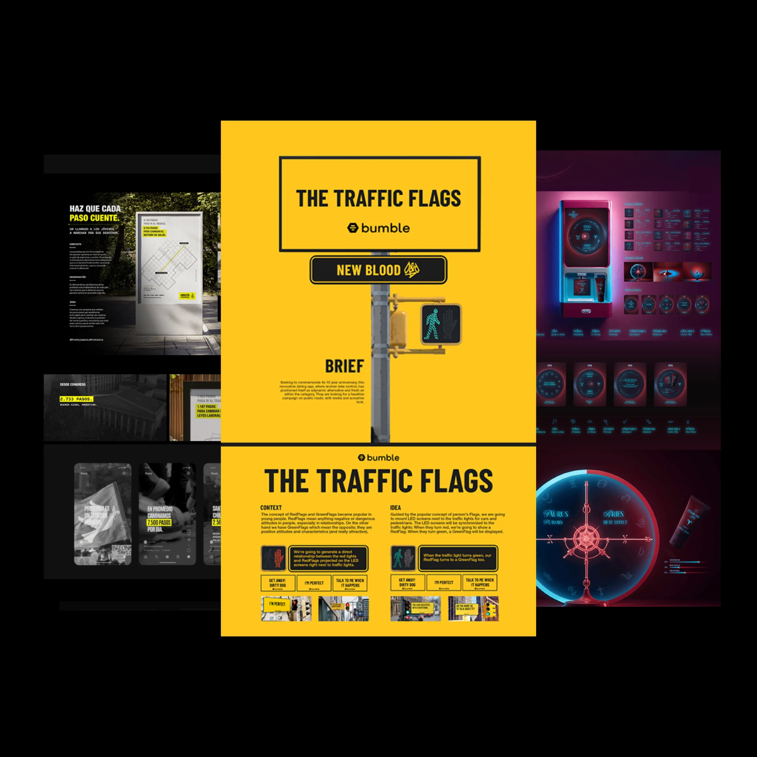 Proyecto “The Traffic Flags” creado para Bumble en el programa Portfolio Up de Inside AdSchool, ejemplo de campaña creativa presentada a D&AD New Blood.